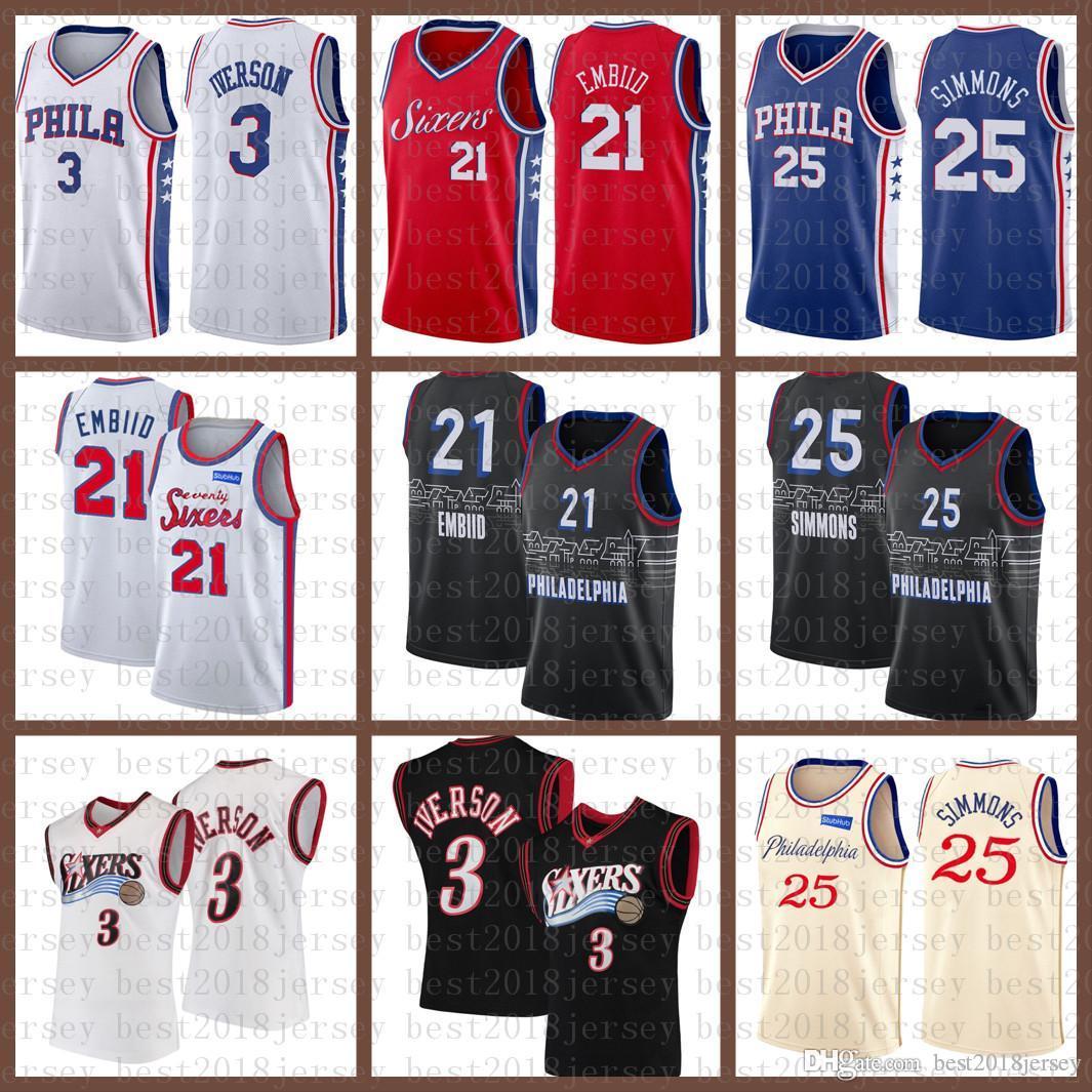 

2021 New Basketball Jersey Mens Philadelphia 76er jersey Allen 3 Iverson Joel 21 Embiid Ben 25 Simmons Julius 6 Erving Black, Black;red