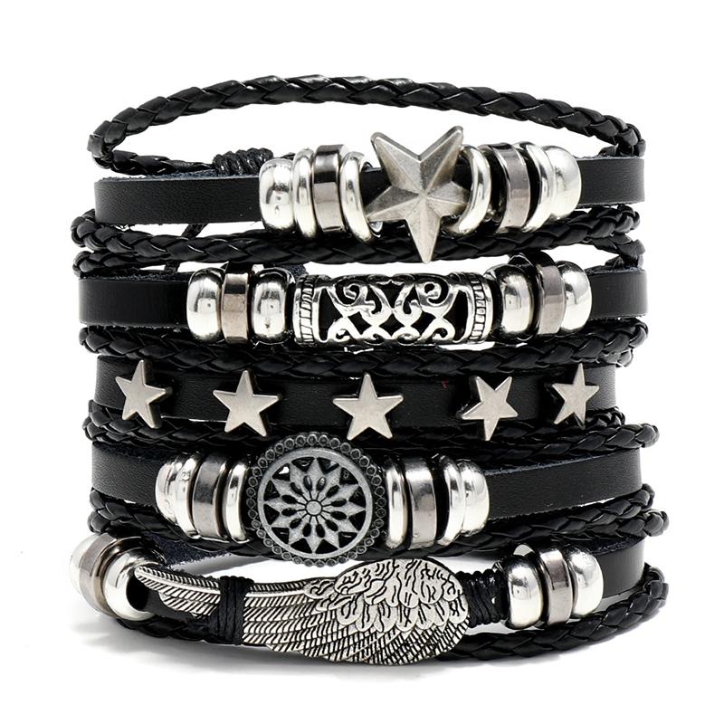 

Bangle Jessingshow Men Bracelet Genuine Leather Vintage Woven Cowhide Leaf Star Combination Set 5Pcs/Set
