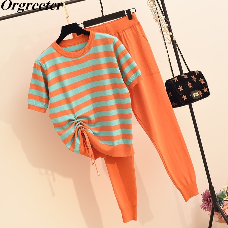 

4 Colors Choose Fashion Mixed Striped Drawstring Short Sleeve Knitted Top +High waist Harem Pants Knitting Two piece set Women 210525, Picture color