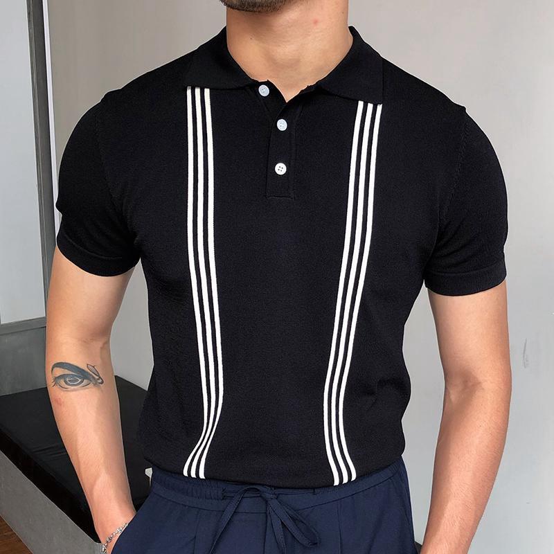 

Men' Polos Men Casual Streetwear Fashion Striped Short Sleeve Shirts Summer Slim Turn-down Collar Tops Buttons Design Shirt, 02 black