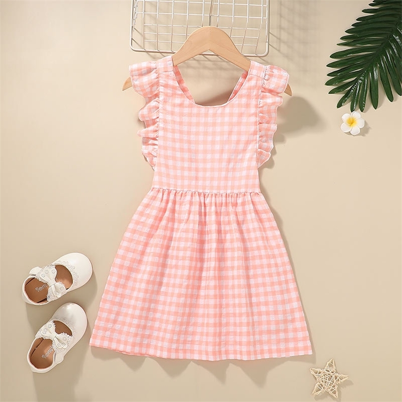 

Summer Girls Dress Sleeveless O Neck Pink Plaid Bodycon Cute Style Vestidos 18M-6T 210629