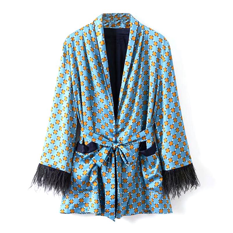 

Women' Two Piece Pants European Spring Pajamas Style Feather Cuff Stitching Printed Lace-up Casual Coats+elastic High Waist Women Fashion, Pink pants