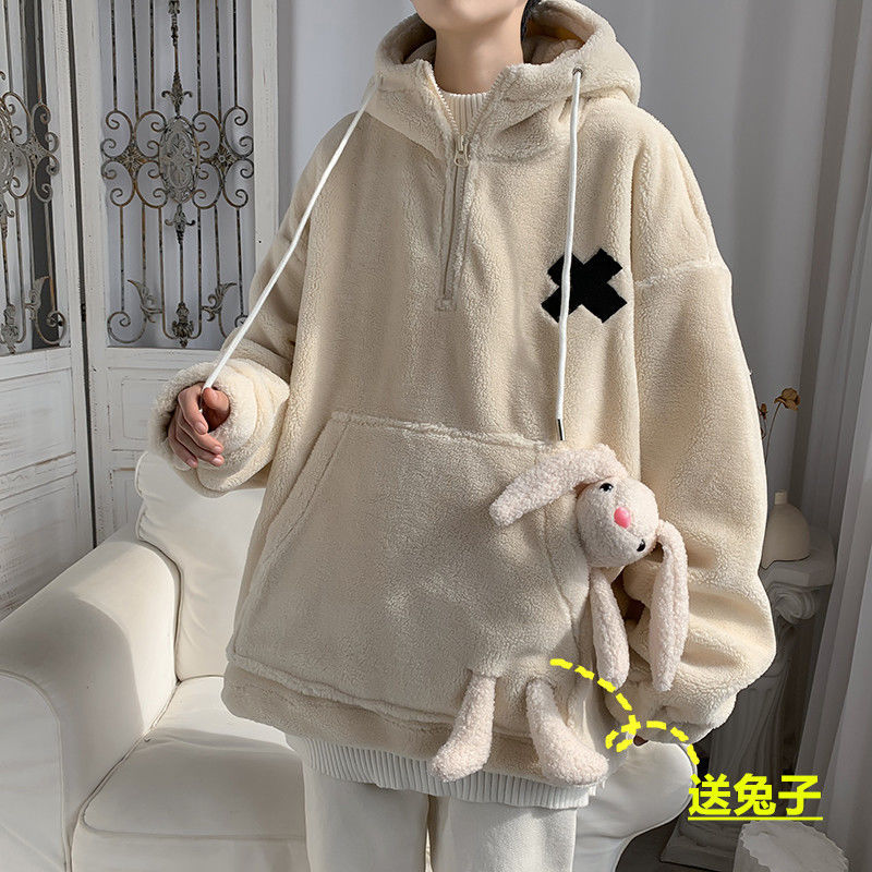 

2021 New Wintertime Cumbersome Lamb Coats of Men Sweater-pocket Rabbit with Warm Casual Hoodies Style Oversized Sweaters P57p, Blue.