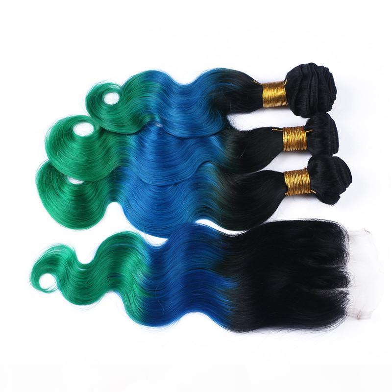 

1B Blue Teal Ombre Brazilian Human Hair 3Bundles With Closure Three Tone Colored 4x4 Free Part Lace Closure With Brazilian Hair Body Wave, Black