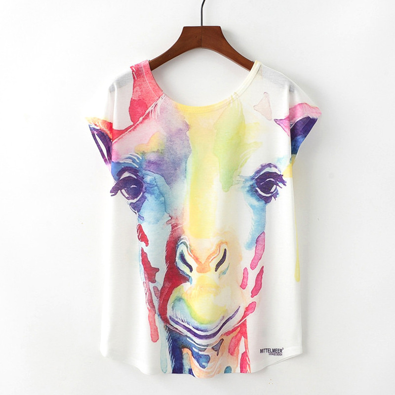 

Summer new colorful giraffe round neck short sleeve loose women's T-shirt, White