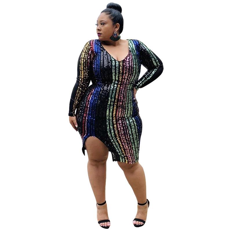 

Casual Dresses 2021 Woman Clothing Lady Bodycon Long Sleeve Sexy Elegant Fat Girl Summer Midi Plus Size Sequin Dress, Black