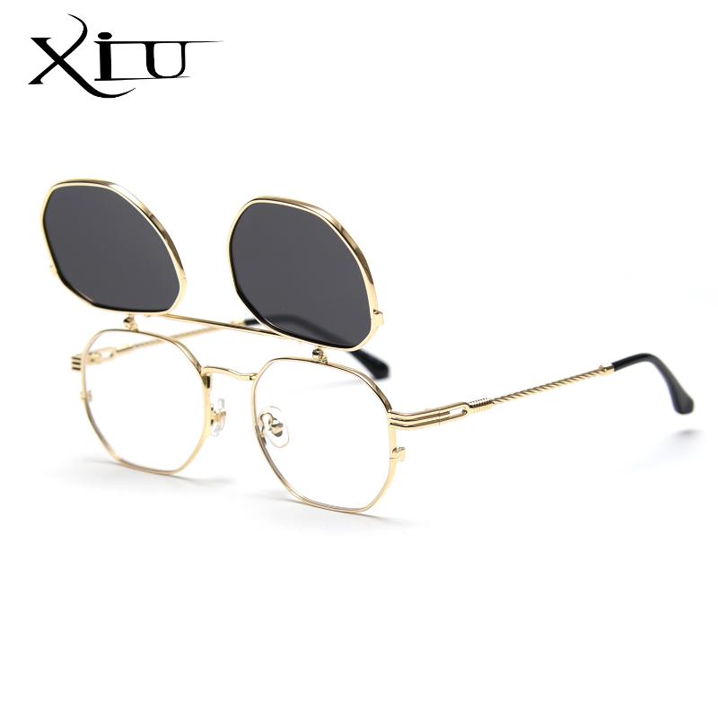 

XIU Flip Up Lens Steampunk Sunglasses Men Polarized UV400 Square Optical Sun Glasses Alloy Frame High Quality Women Sunglass, White;black