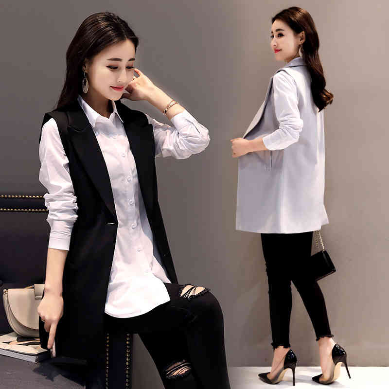 

women's vests aelegante colete longo feminino, clÃ¡ssico sem mangas para mulheres, roupa fina escritÃ³rio, primavera e outono jk4a, Black;white