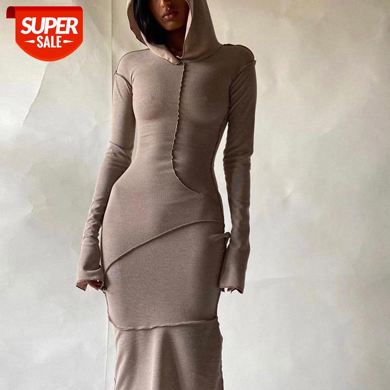

hirigin 2020 Long Sleeve Hooded Patchwork Skinny Maxi Dress Autumn Winter Women Fashion Streetwear Casual Outfits #Ai8F, Black;gray