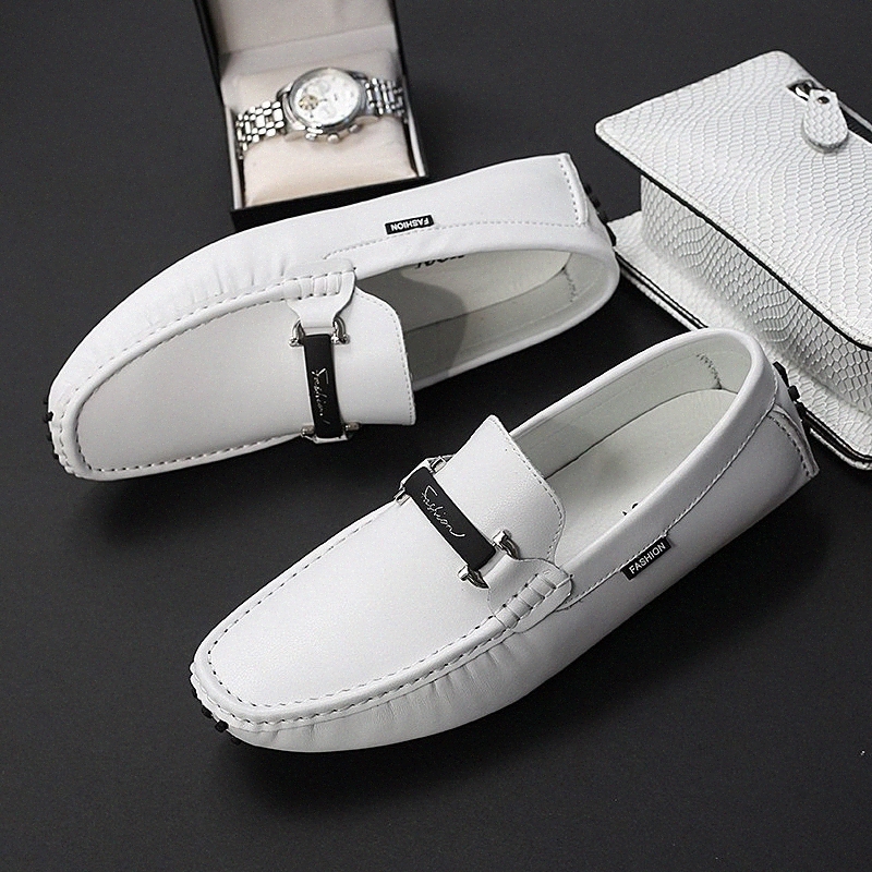 

Big Size 38 47 Leather Flats Man Casual Shoes 2020 Penny Loafers Men Moccasins Breathable Slip On Mens Driving Shoes White N4lX#, Black