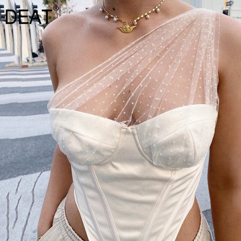 

Women Mesh Slim Sexy Backless T-shirt Solid Color Skew Neck Short Sleeve Fashion Spring Summer 11D91 210525, White