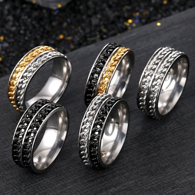 

Cluster Rings Men's Titanium Steel Double Chain Rotating Ring Women's Charm Unisex Good Luck Closed Loop Fashion Jewelry Gifts Wholesale