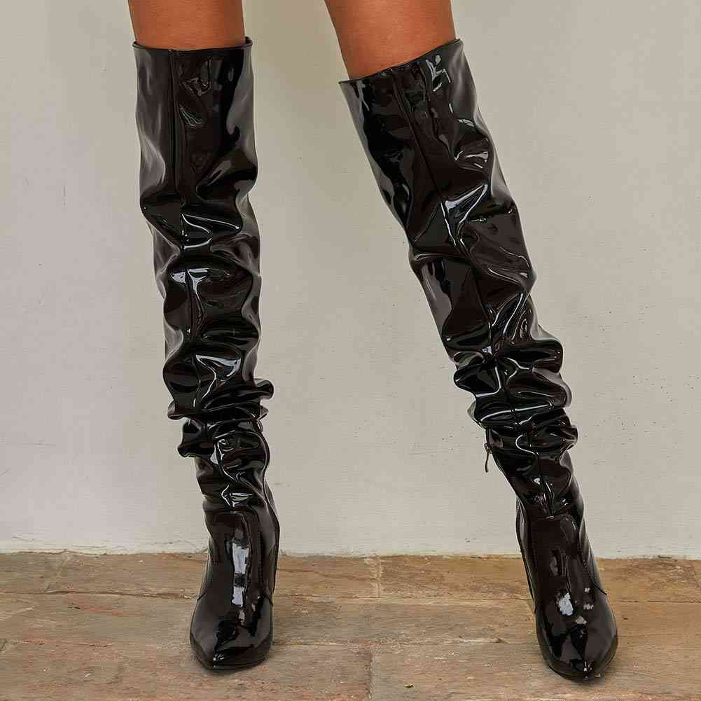 

boots doratasia novos sapatos mature preto mulher sobre o joelho botas plissado couro de patente do plutÃ´nio fino salto alto feminino c94r, Black