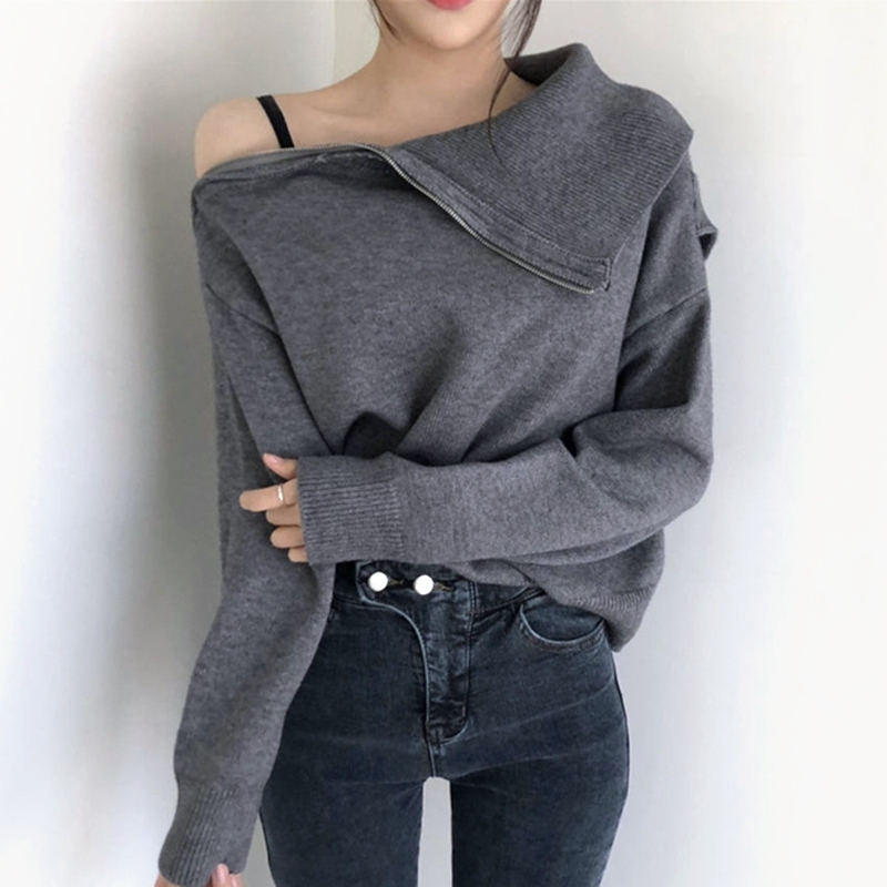 

Women Sweater Streetwear Slash Neck Zipper Sexy Pullover Top Autumn Winter Long Sleeve Black Knitted Femme Pull 210602