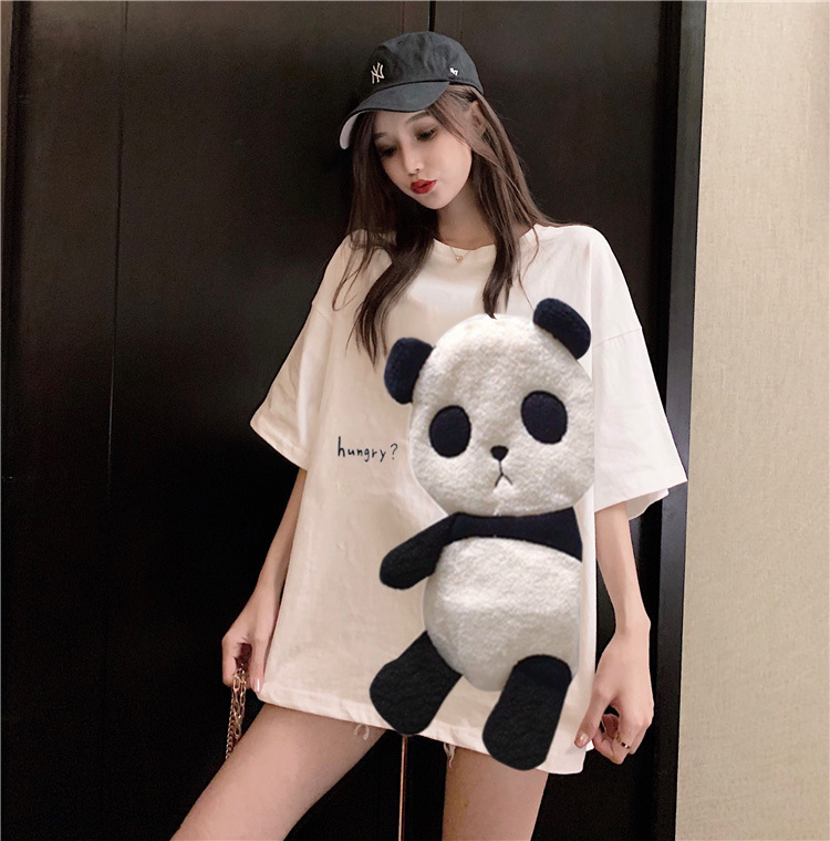 

Women's White Elephant Panda T-shirt Cute Casual Short Sleeve Medium Length Loose Top