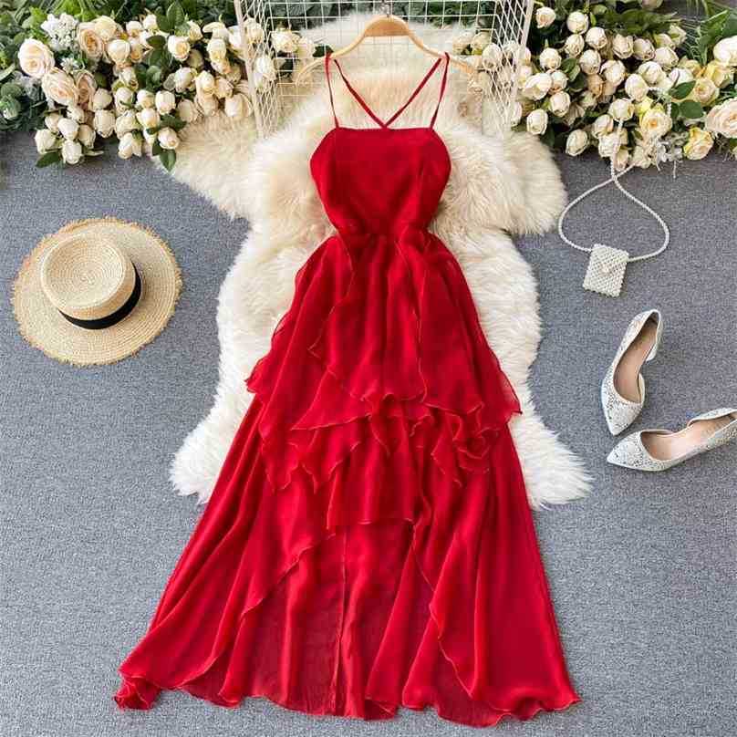 

Women White Long Dress Summer Spaghetti Strap Slim High Waist Irregular Chiffon es Ladies Elegant Bandage Vestidos 210525, Red