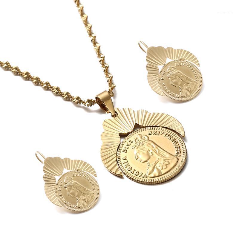 

Earrings & Necklace Vintage Ancient United Kingdom VICTORIA Gold Coins Jewelry Set For Women Pendant Necklaces Gifts, As pic
