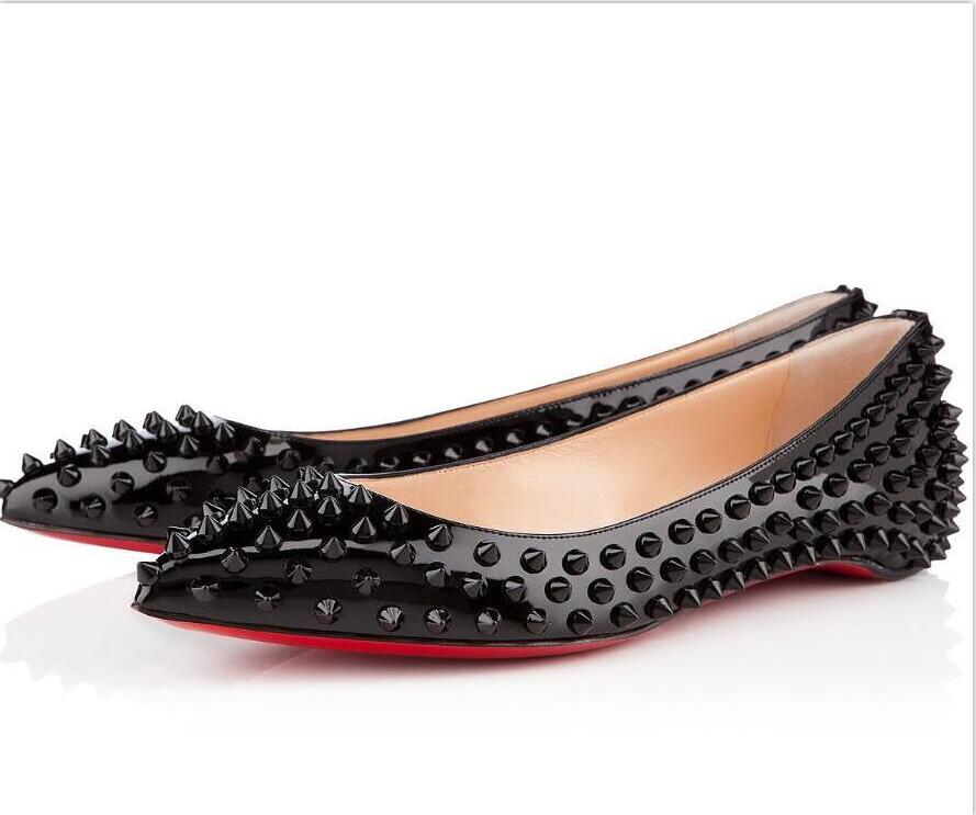 

New Red Bottoms Sexy Pantent Leather Pointed Toe Flat Women Slip On Casual Shoes Size 34-42 Rivets Red Soles Bottom With Box, 5#