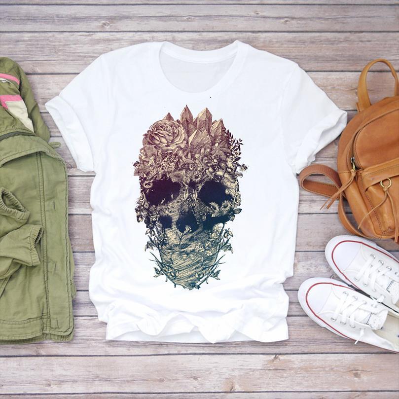 

men skull floral 90s mens t shirt flower camisas mujer print ladies graphic female tee, White;black