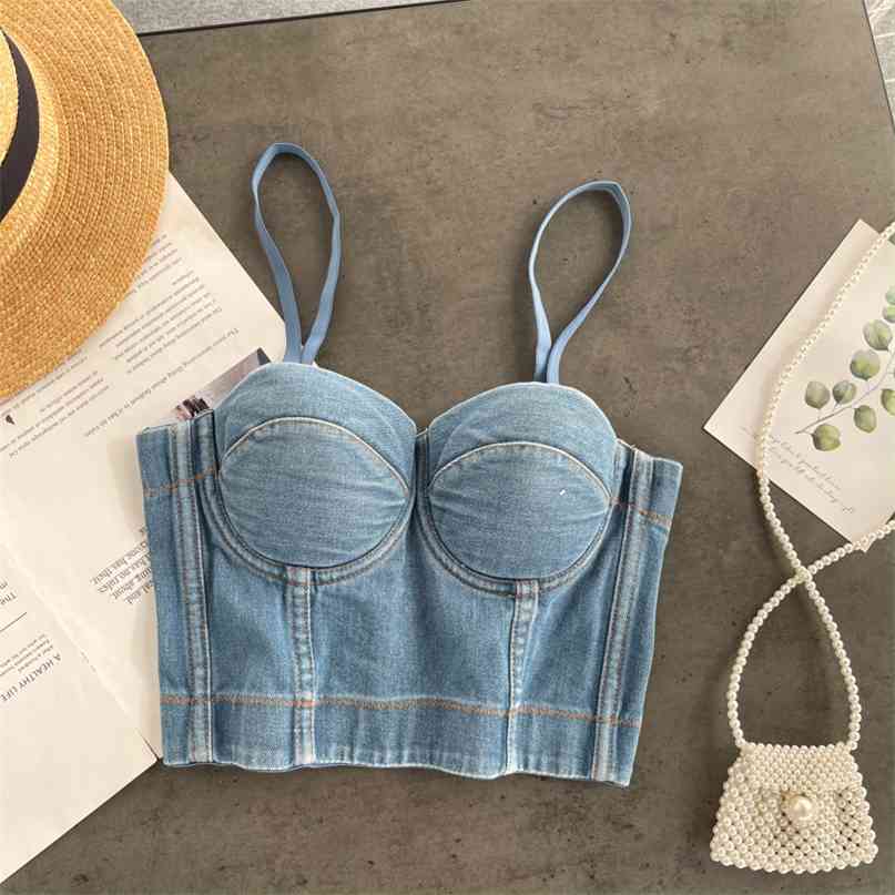 

Vintage Denim Bustier Top Summer Crop Adjustable Spaghetti Strap Push up Bra Sexy Open Back Night Club Bralet 210603, Blue