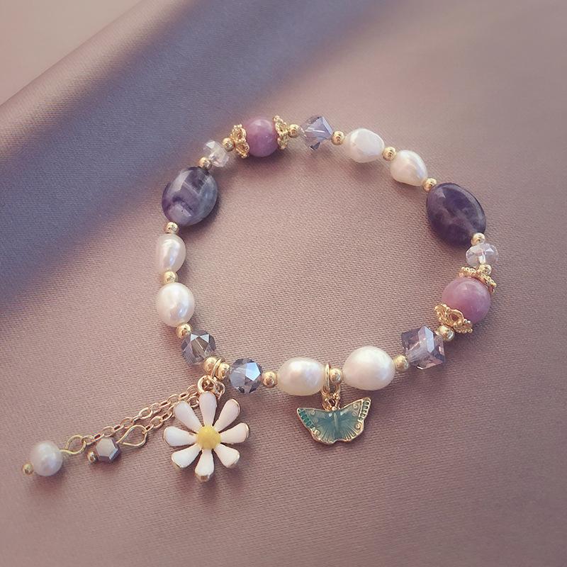 Beaded, Strands 2021 Daisy Flower Butterfly Natural Freshwater Pearls Crystal Beaded Bracelets For Women Fashion Jewelry Accessories YBR452-image-704640037