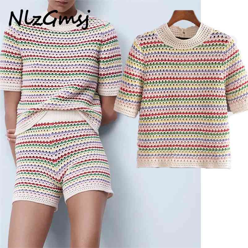 

Sweater Women Summer Stripe O neck Short Sleeve Vintage Pullover Woman Loose Chic Top 03 210628, As picture