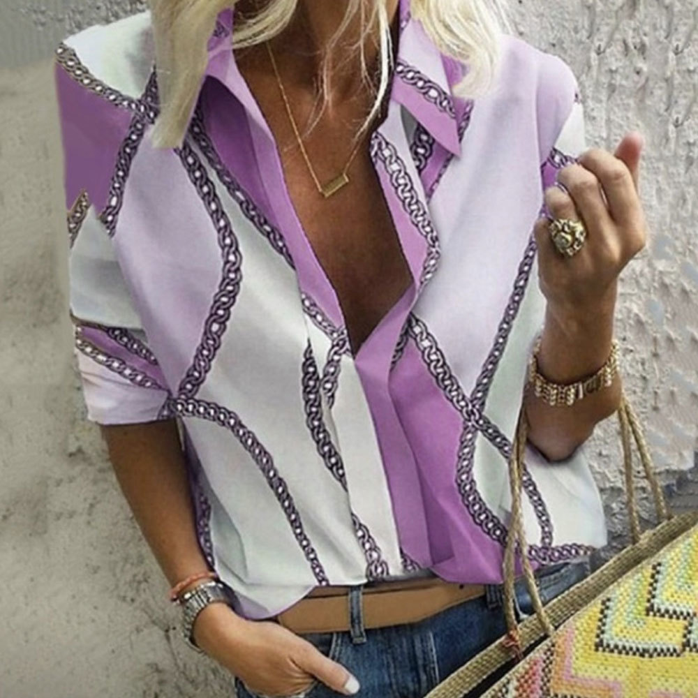 

2021 New Plus Size Office Lady Elegant Long Sleeve Chain Print Shirt Casual Turn-down Collar Work Tops Oversized Tunic 26cw, Blue