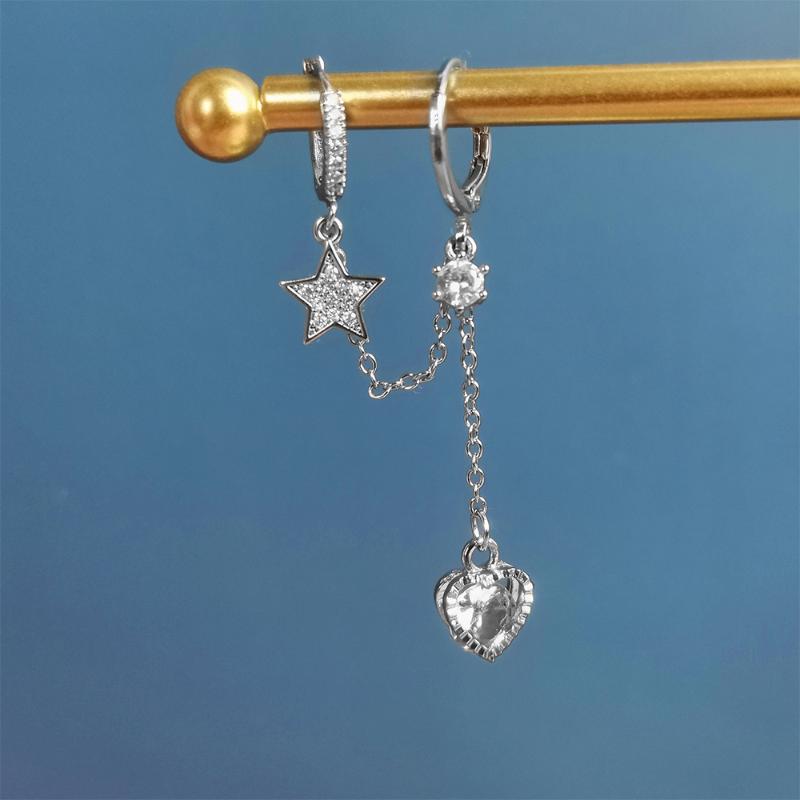 

Hoop & Huggie Korean Fashion Double Ear Hole Zircon Star Earrings Silver Color Heart Metal Drop Earring For Women Minimalist Jewelry Gift