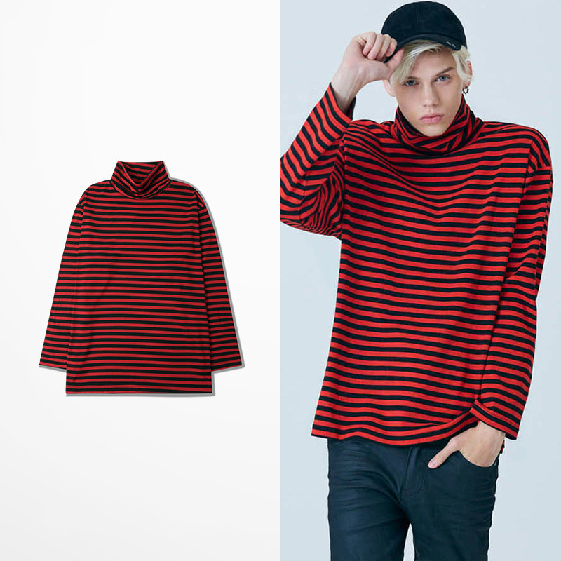 

2021 New Autumn and Spring Long Turtleneck High T-shirts Ulzzang Men Fashion Retro Stripes Skateboard Funny Street Male Shirts Ggfe, Red.