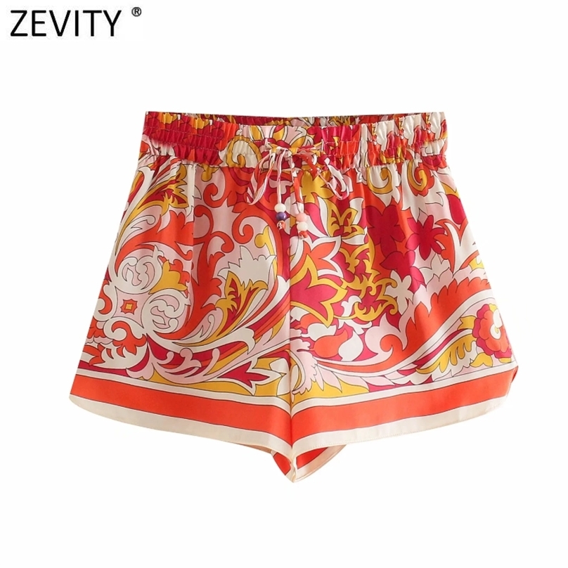 

Zevity Women Vintage Totem Floral Print Bermuda Shorts Female Chic Lace Up Elastic Waist Summer Retro Pantalone Cortos P1161 210719, O p1161