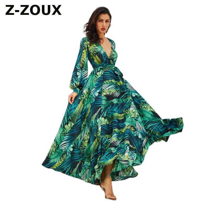 

Women Dress Vintage Print es V Neck Lantern Sleeve Floral High Waist Bandage Long Plus Size 3XL 210524, Green