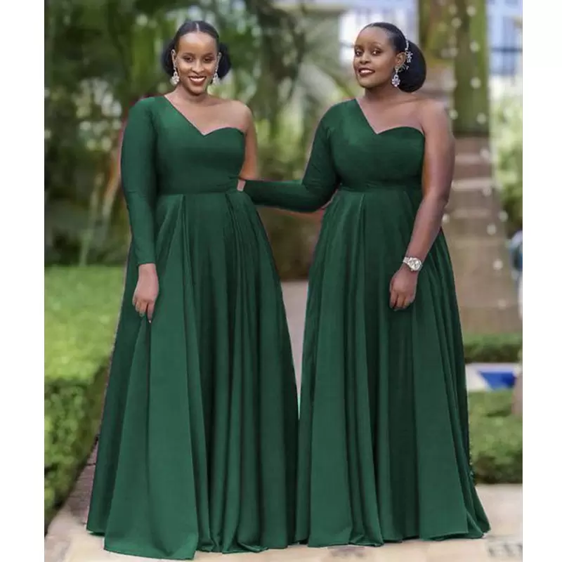 Dark Green Bridesmaid Dresses Satin 2022 Designer One Shoulder Long Sleeves Or Length Plus Size Maid Of Honor Gown Country Beach Wedding Evening Ves