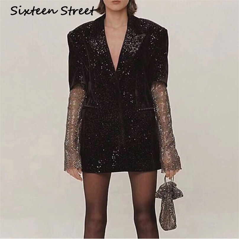 

Diamond Bling Sleeve Blazer Jacket for Woman Notched Collar Black Velvet Long Chic Autumn Winter Outwear 210603