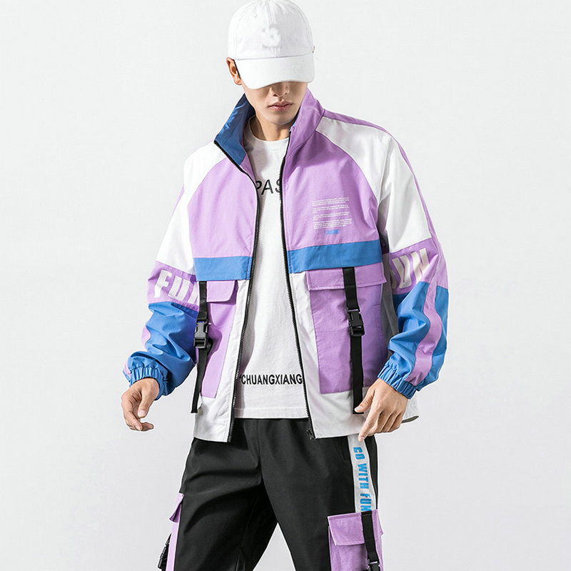 

New Hip Hop Letter Design Ribbons Windbreaker Bomber Jacket Coat Men Autumn Jackets Streetwear 2021 Man Outwear It2n Cie1, Purple