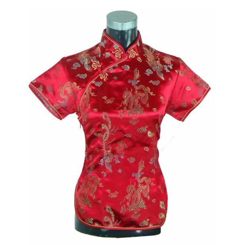 

Women's Blouses & Shirts Summer Short Sleeve Red Women Shirt Tops Chinese Lady Traditional Satin Silk Blouse Novelty Dragon Clothing S  L X, White
