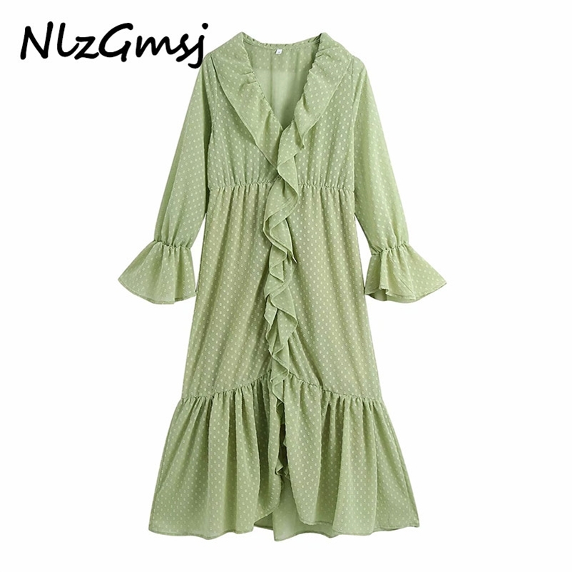 

Dres Sweet Dotted Ruffle Chiffon Female V Neck Long Sleeve A-line Plus Size Summer Vestido 210628, As picture