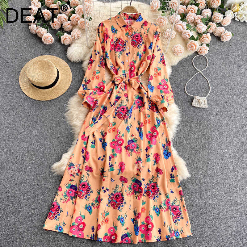 

DEAT Women Printing Vintage Dress Lapel Long Sleeve Arrivals Lady Temperament Fashion Spring Autumn 11D2024 210709, Orange