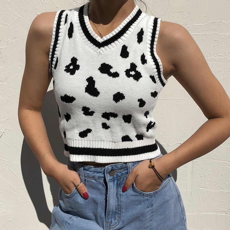 

2021 New Autumn Fashion Spotted Casual Slim Knitted Vest Sweater v Neck Sleeveless Elegant Female Waistcoat Urban Ladies Chic Tops Ffuu, Wd690wh-1