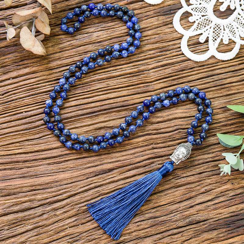 Pendant Necklaces 6mm Natural Blue-Vein Stone Lapis Lazuli Beaded Knotted Necklace Meditation Yoga Blessing Buddha Head Jewelry 108 Mala Ros-image-708250987