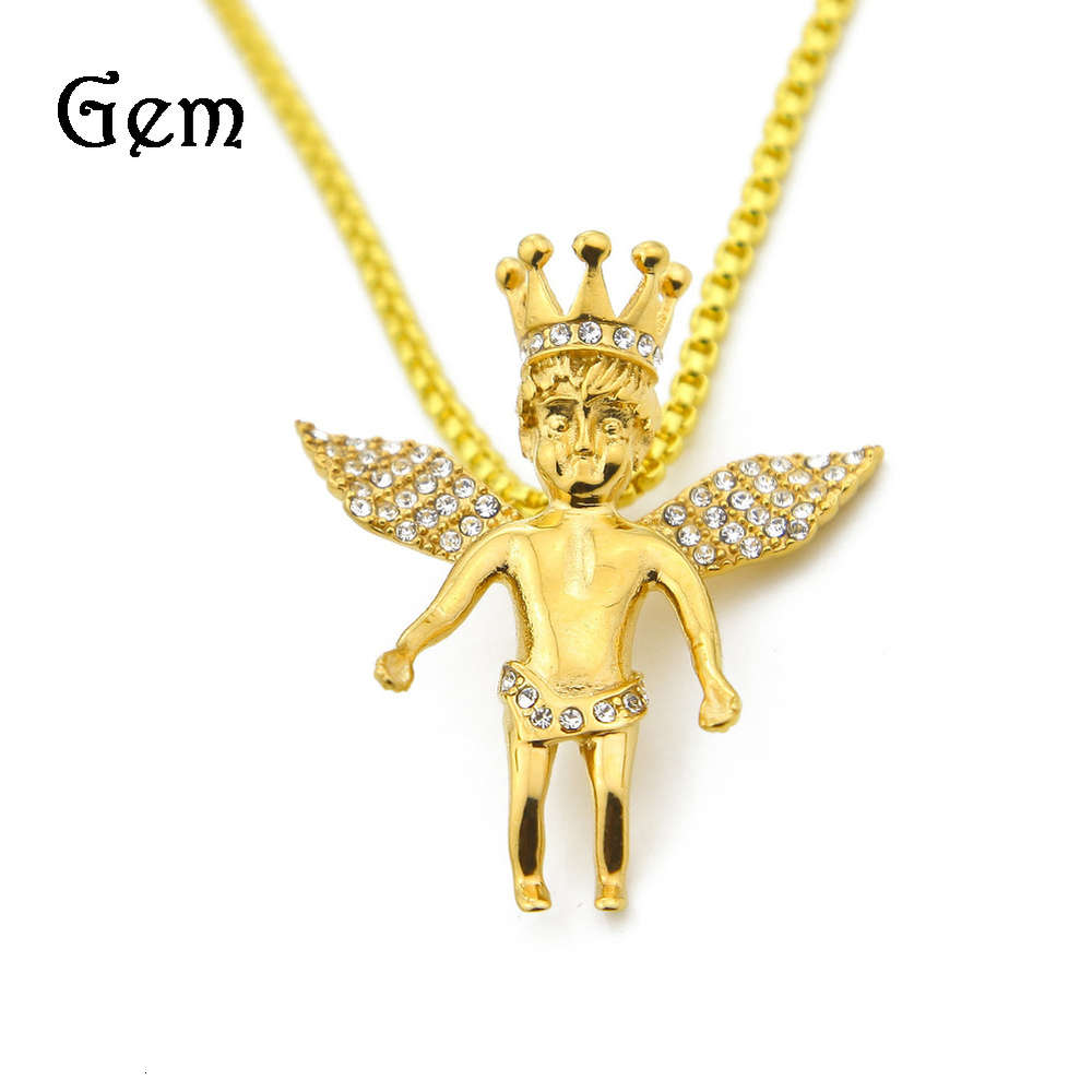 

Color preserved stainless steel Angel Pendant 4.5cm hip hop crown Angel Necklace