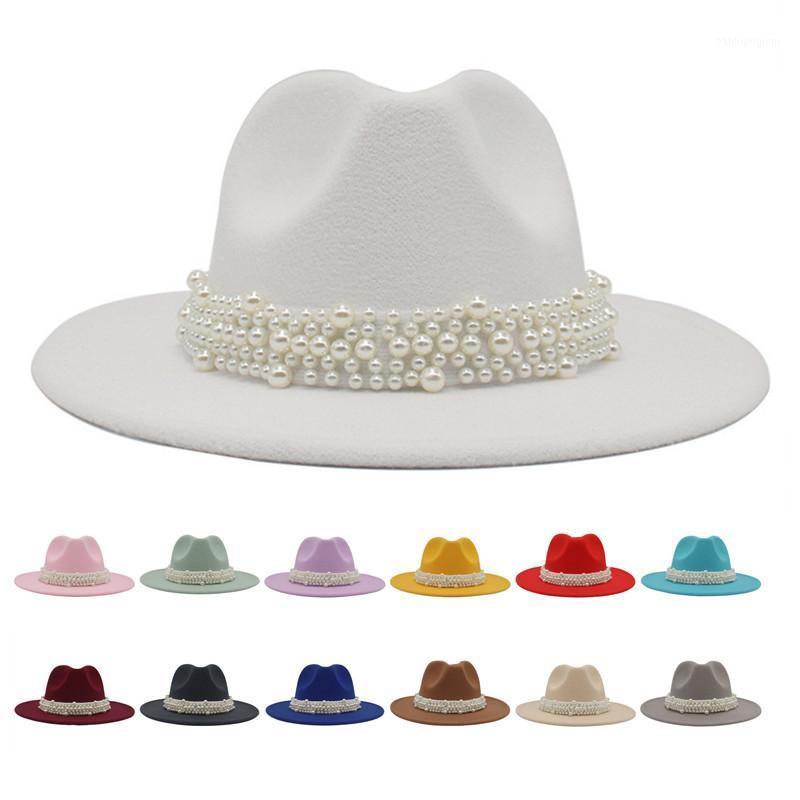 

Berets Pearl Ribbon Wool Jazz Fedora Hats Casual Men Women Leather Felt Hat Panama White Formal Party Banquet Lady's Wedding