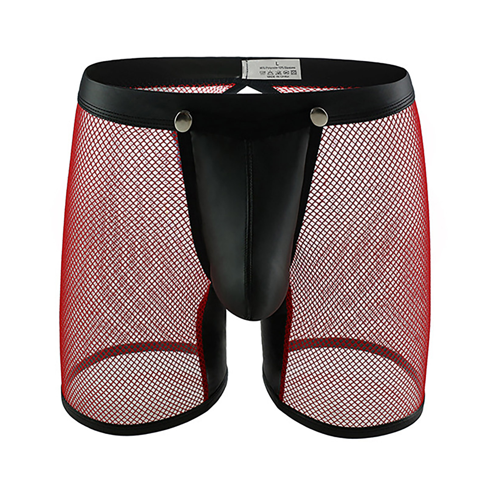 

Mens Removable Bulge Pouch Shorts Elastic Waistband Low Rise Brief Faux Leather Patchwork Boxer Transparent Mesh Open Butt Pants, Black