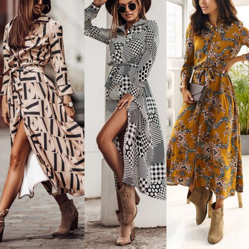 

Casual Dresses Sagace Non Positioning Printing Summer Dress Women's Long Sleeve Bandage Button Leopard Print Polka Dot Shirt S, Black;gray