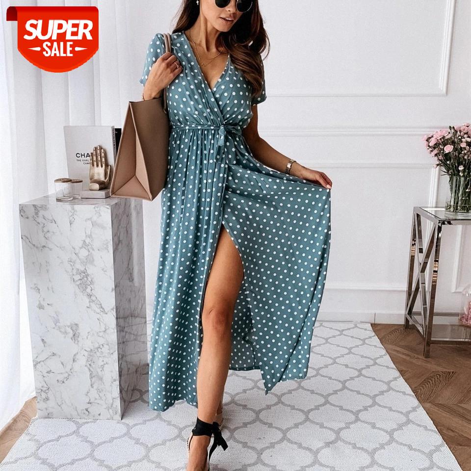 

hirigin 2020 Fashion Women Polka Dot Split Dress Summer Sexy Ladies Short Sleeved V-neck Bohemian Hot Female Dress New #9r6r, Black;gray