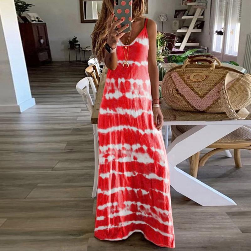 

Casual Dresses Women'S Tie-Dye Striped Printed Maxi Dress V Neck Sleeveless Gradient Slim Thin Shoulder Bohemian Summer Long Woman, Blue