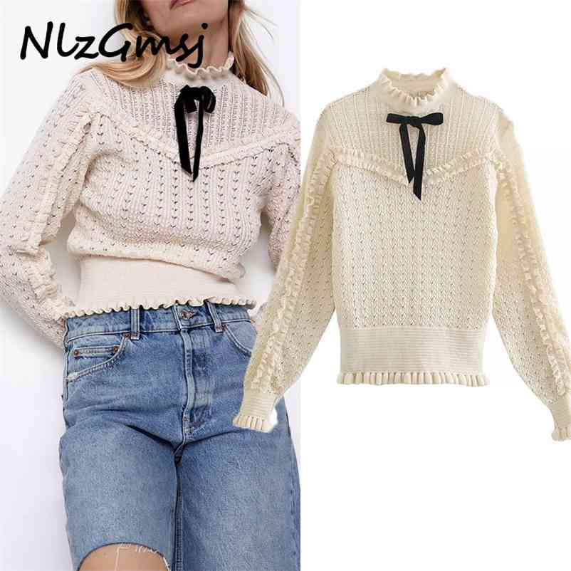 

Women Sweater Bow Tie Patchwork Knitted Vintage Long Sleeve Trims Female Pullovers Chic White Tops 03 210628, As picture