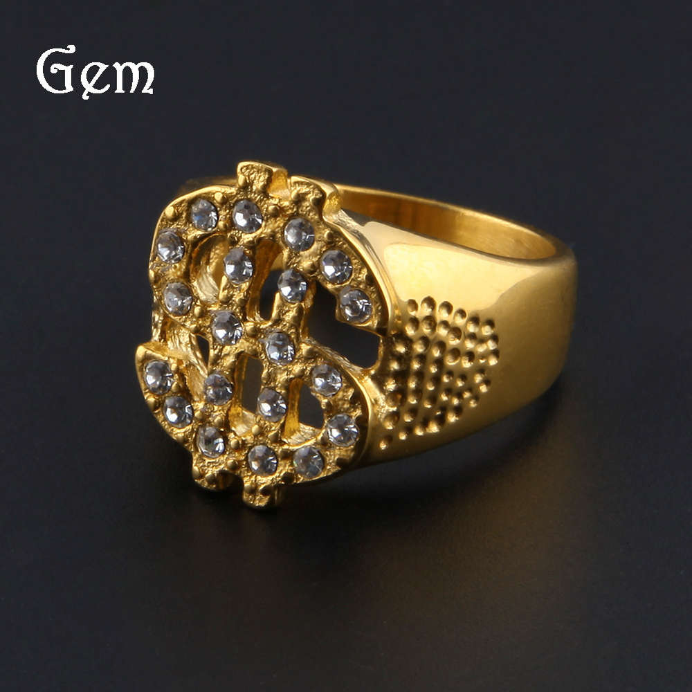 

Diamond inlaid stainless steel ring, hollow US dollar symbol ring, hip hop fashion piece