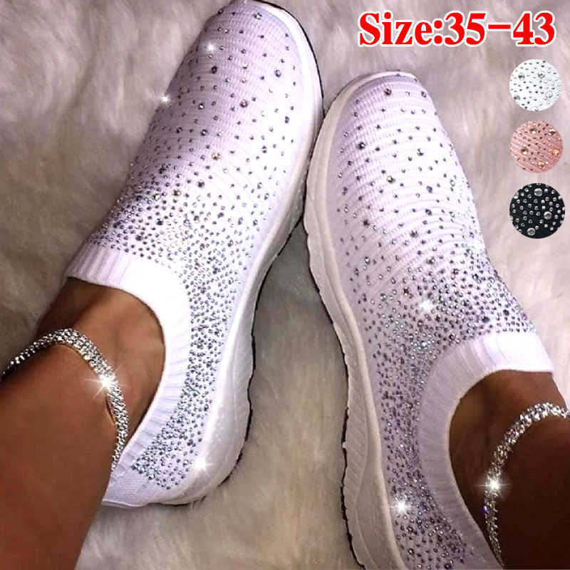 

New Women Ankle Shoes Ladies Bling Flats Woman Fashion Loafers Crystal Womens Sneakers Casual Slip on Mesh Tennis Shoes H0902, Pink