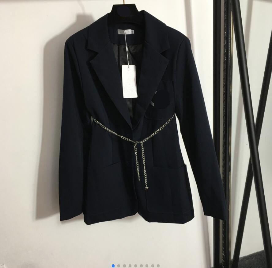 

Ladies embroidery, chain waist long-sleeved blazer, navy blue 827, Dark blue