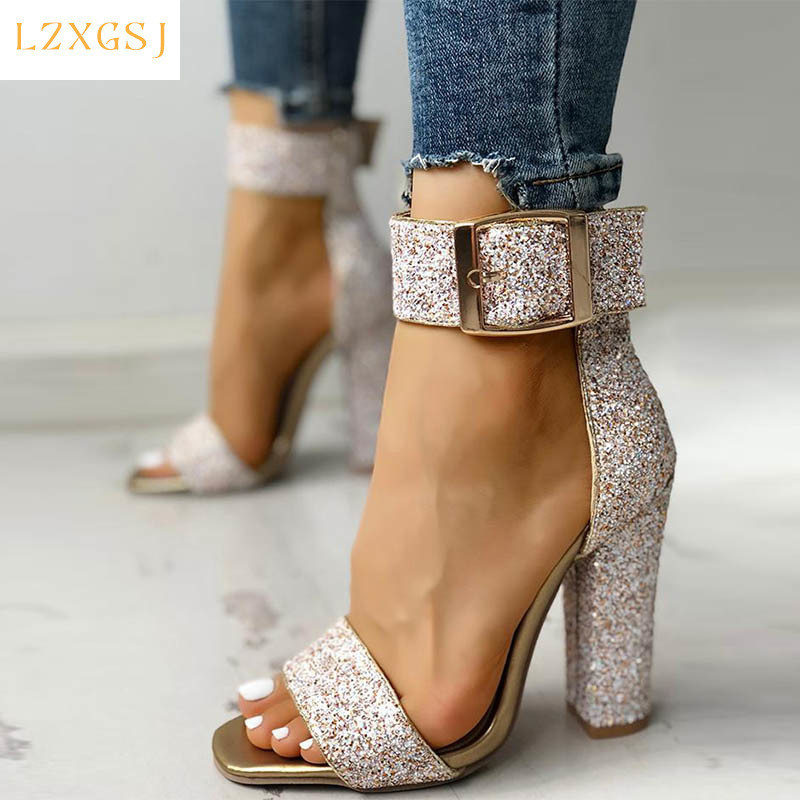 

slippers women sandals high heels summer slides open toe buckle party shoes fashion pumps sandalia feminina plus size 4cn6, Black